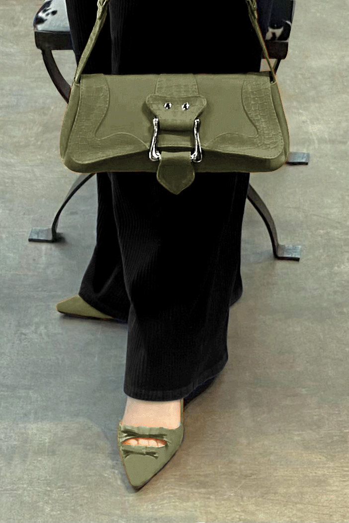 Dress small handbag in khaki green leather - Worn view